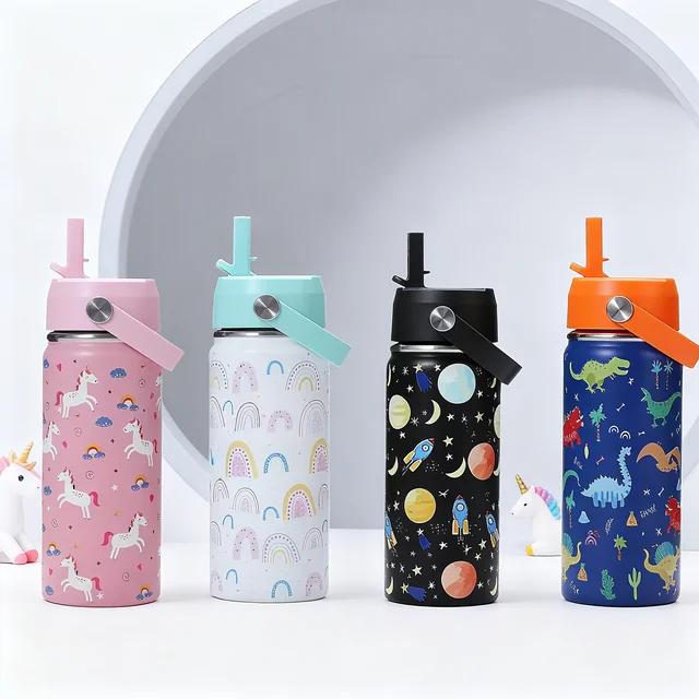 16oz Kids Water Bottle Cartoon Animal Children's Cup With Straw Stainless Steel Vacuum Flacks Thermos Bottle Thermal Mug Cups