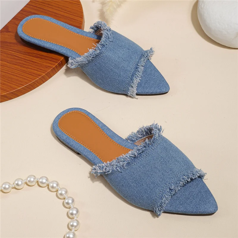 

Pointed Toe Slippers Summer 2024 Flat Shoes for Women Solid Color Ladies Slipper Fashion Plus Size Outdoor New Pantuflas Mujer