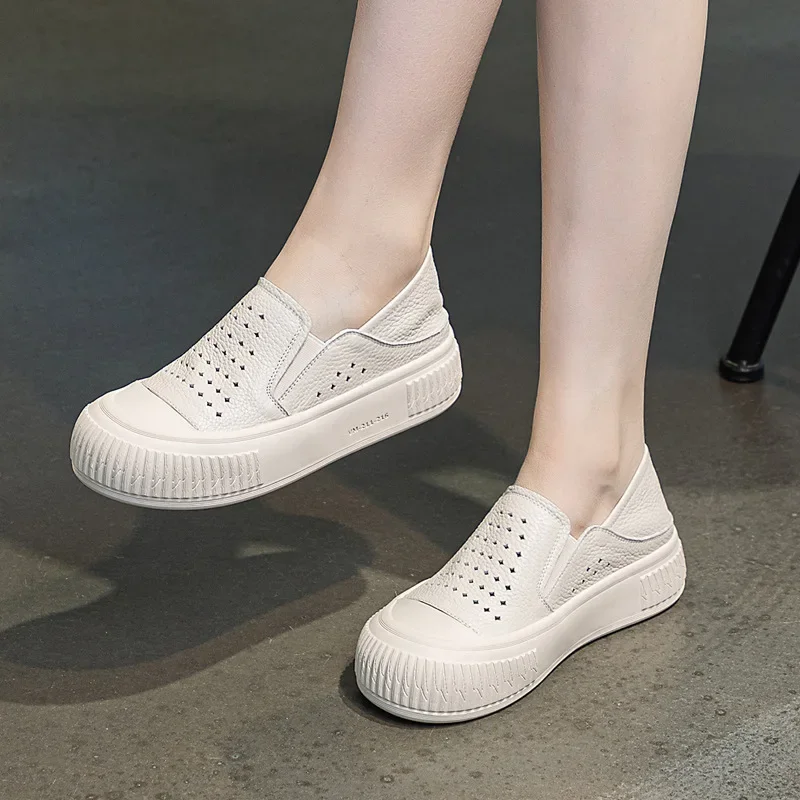 3.5cm Cow Genuine Leather Women Oxfords Breathable Shoes Flats Comfy Hollow Chunky Sneakers Spring Platform Wedge Loafer 4