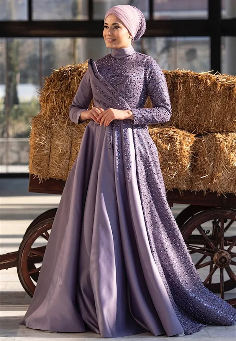 Customized Satin Muslim Evening Dresses Turkish Islamic Women Formal Event  Gowns High Neck Long Sleeves Sequins Pearls A Line Pr - AliExpress 320