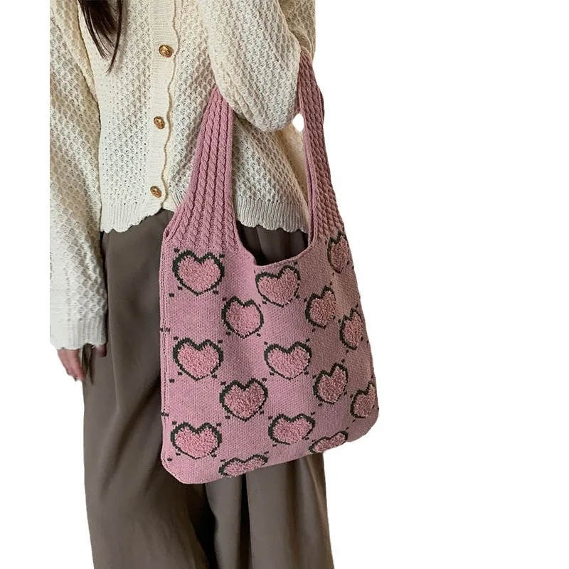 Shoulder Bag Knitted Heart-shaped Pattern Street Fashion Sweet Girl Trend Wool Knitting Casual Commute Shopper Bags All-match
