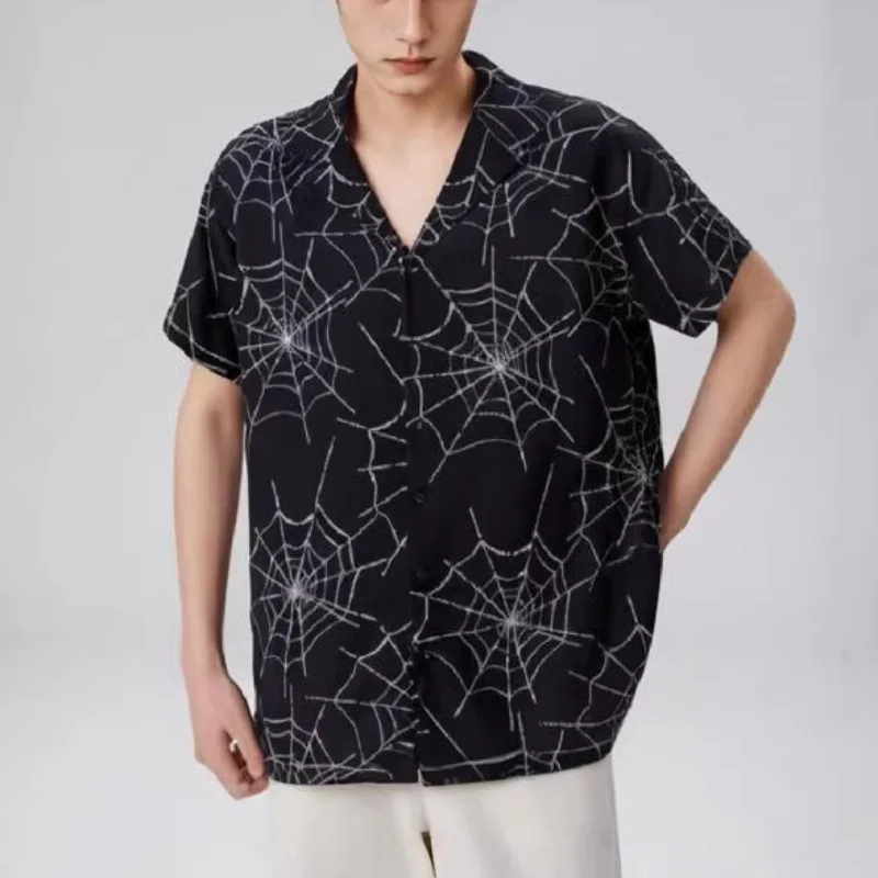 

Simplicity Couples Original Oversize Men Loose Versatile Beach Outfit Button Spider Web Printed Short Sleeve Shirt Lapel Collar