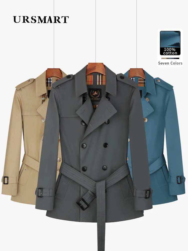 Cotton short trench coat for men British fashion double breasted 
