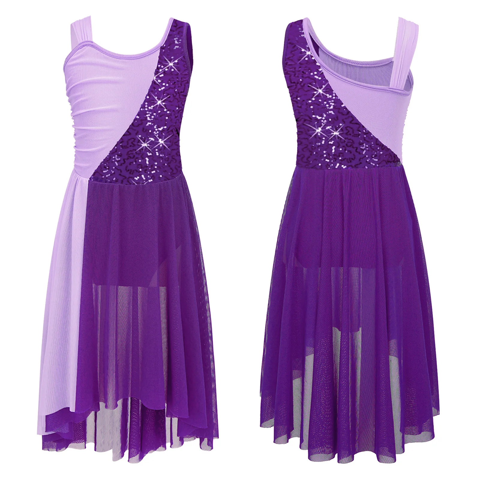 Abito Danza Per Bambine – Body Con Gonna, Mesh Colorblock, Maniche Corte, IEFiEL - 4