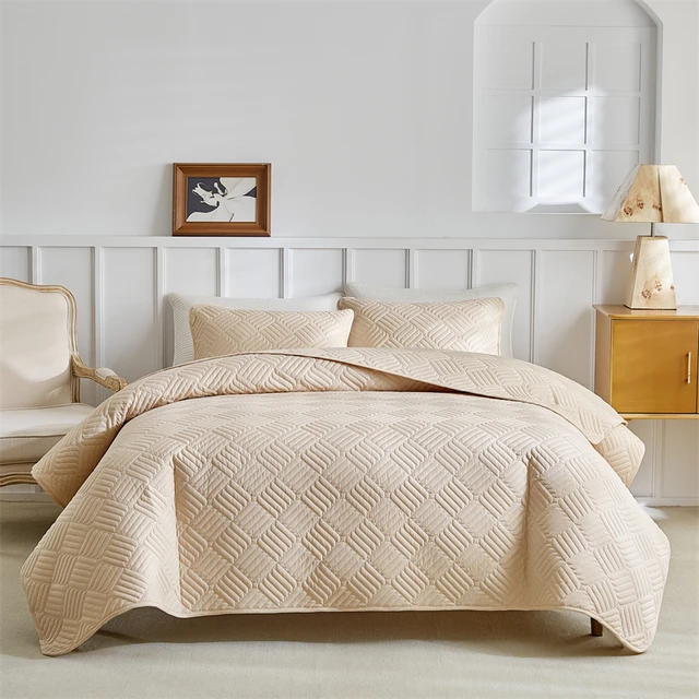 Quilted Bedspread Set Grey Beige Geometric Grid Pattern,Soft Polyester Thick Bed Cover+Pillowcase,Plain US Queen 264*229cm 3pcs 5
