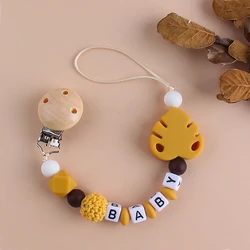 Mordedor personalizado con nombre de letras y hojas para bebé, colgante con Clip para chupete, cadena para morder, soporte para pezón, regalo