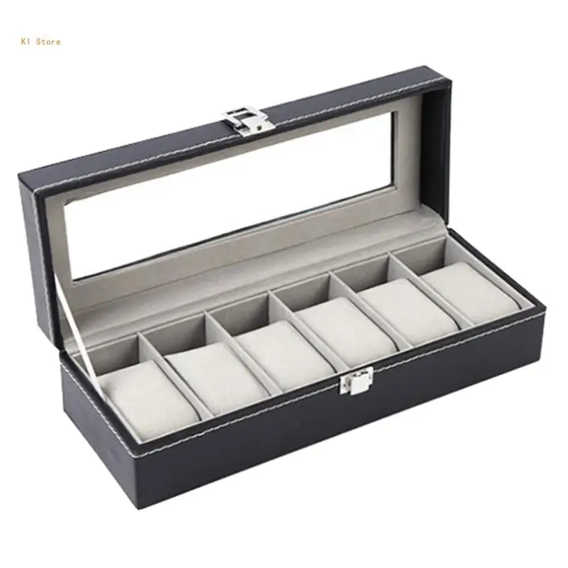 

Exquisite 6 Slot Watch Storage Box Holder Glass Top for Birthday Valentine's Day