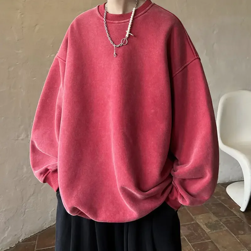 Fashion New Washed Pullover Sweatshirt Men's Loose Solid Color 2023 Autumn Large Size Warm O-neck Top Hip-hop Sweatshirt Men