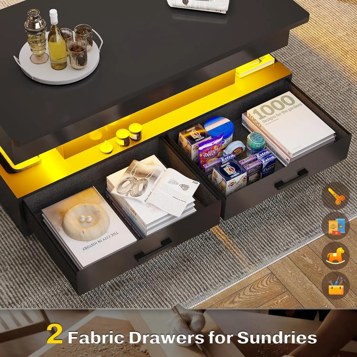 40" Lift Top Coffee Table, Coffee Tables with Storage for Living Room, Small Coffee Table with 2 Drawers & LED Light 5