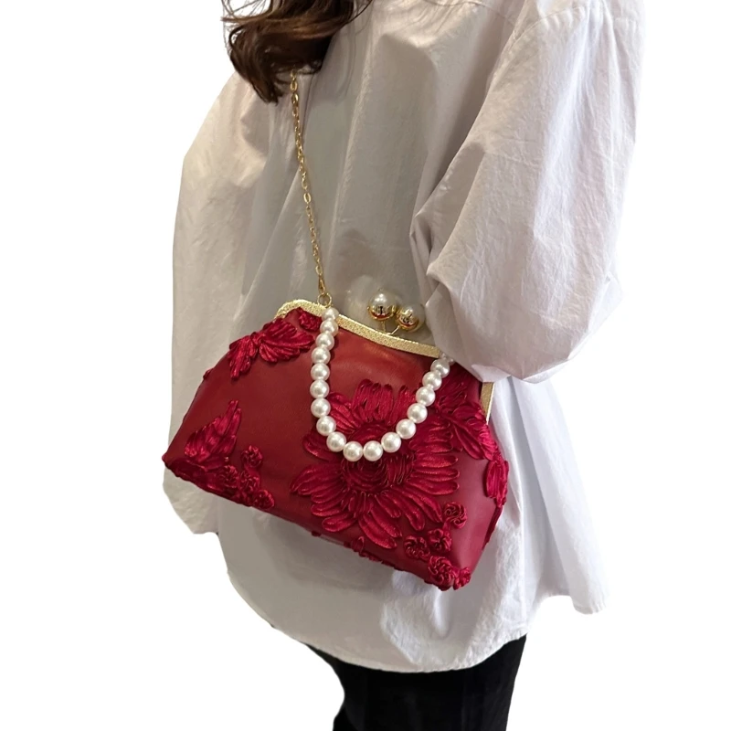 Flower Evening Bag Purse Pearl Beaded Kiss Lock Handbag with Detachable Chain E74B