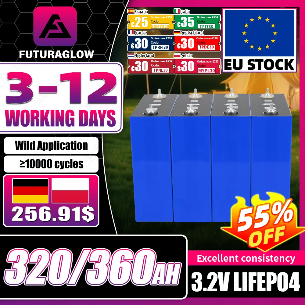 Batterie Lifepo4 Grade A 320Ah 360Ah, stock UE, cellule rechargeable au phosphate de fer et de lithium 3.2V, DIY 12V 24V pour systèmes solaires, camping-cars, fourgons et caravanes 1 Batterie Lifepo4 Grade A 320Ah 360Ah, stock UE, cellule rechargeable au phosphate de fer et de lithium 3.2V, DIY 12V 24V pour systèmes solaires, camping-cars, fourgons et caravanes 1