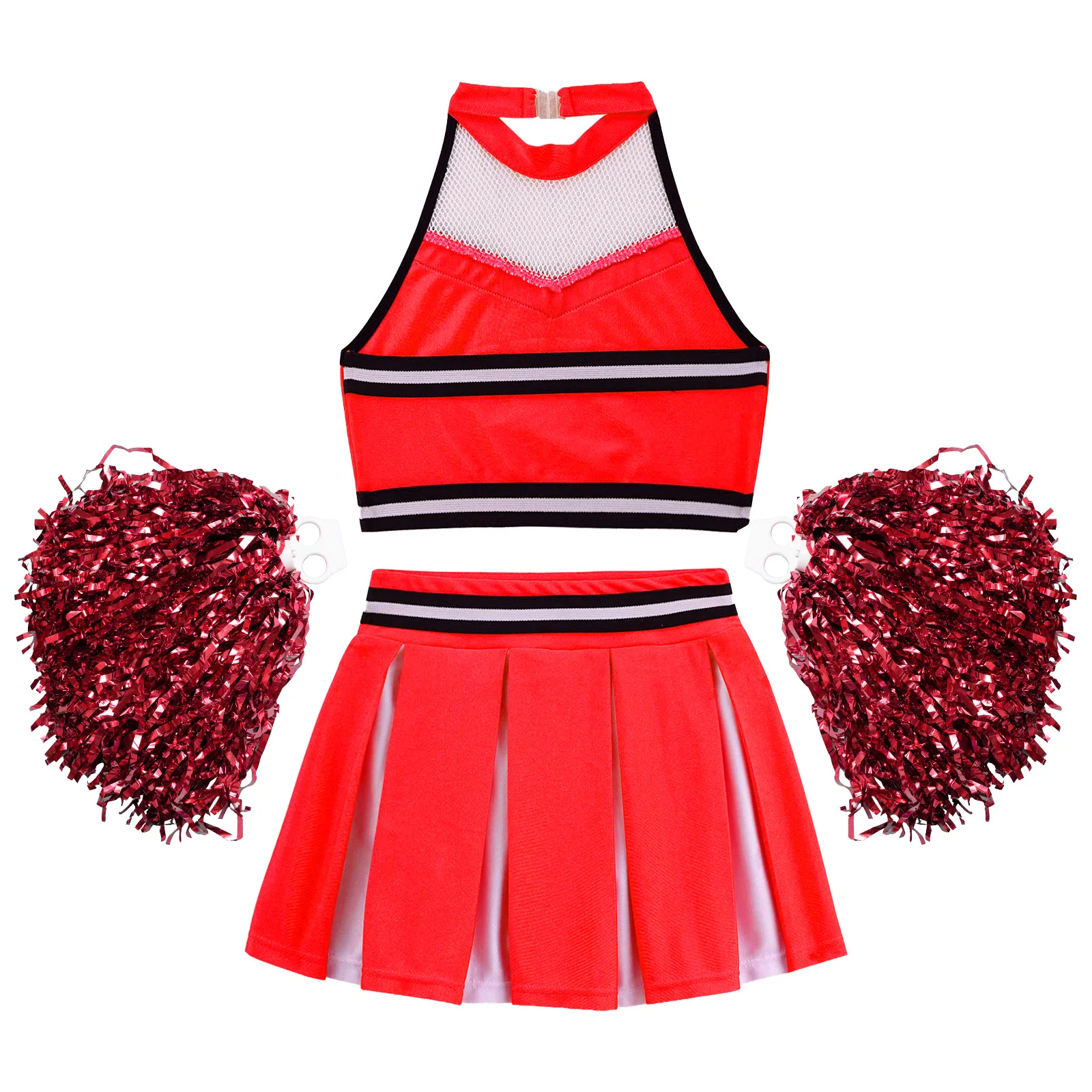 Kids Girls Cheerleader Uniform Halter Neck Mesh Patchwork Letters Printed Crop Top with Pleated Skirt And 2Pcs Flower Balls