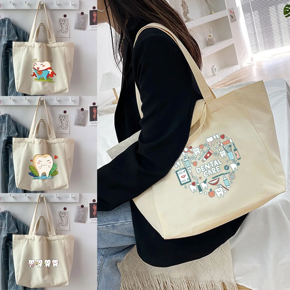 

Women's Shopping Organizer Bag 2022 Canvas All-match Teeth Printed Large Capacity Shoulder Bags Reusable Casual Handbag Tote Bag