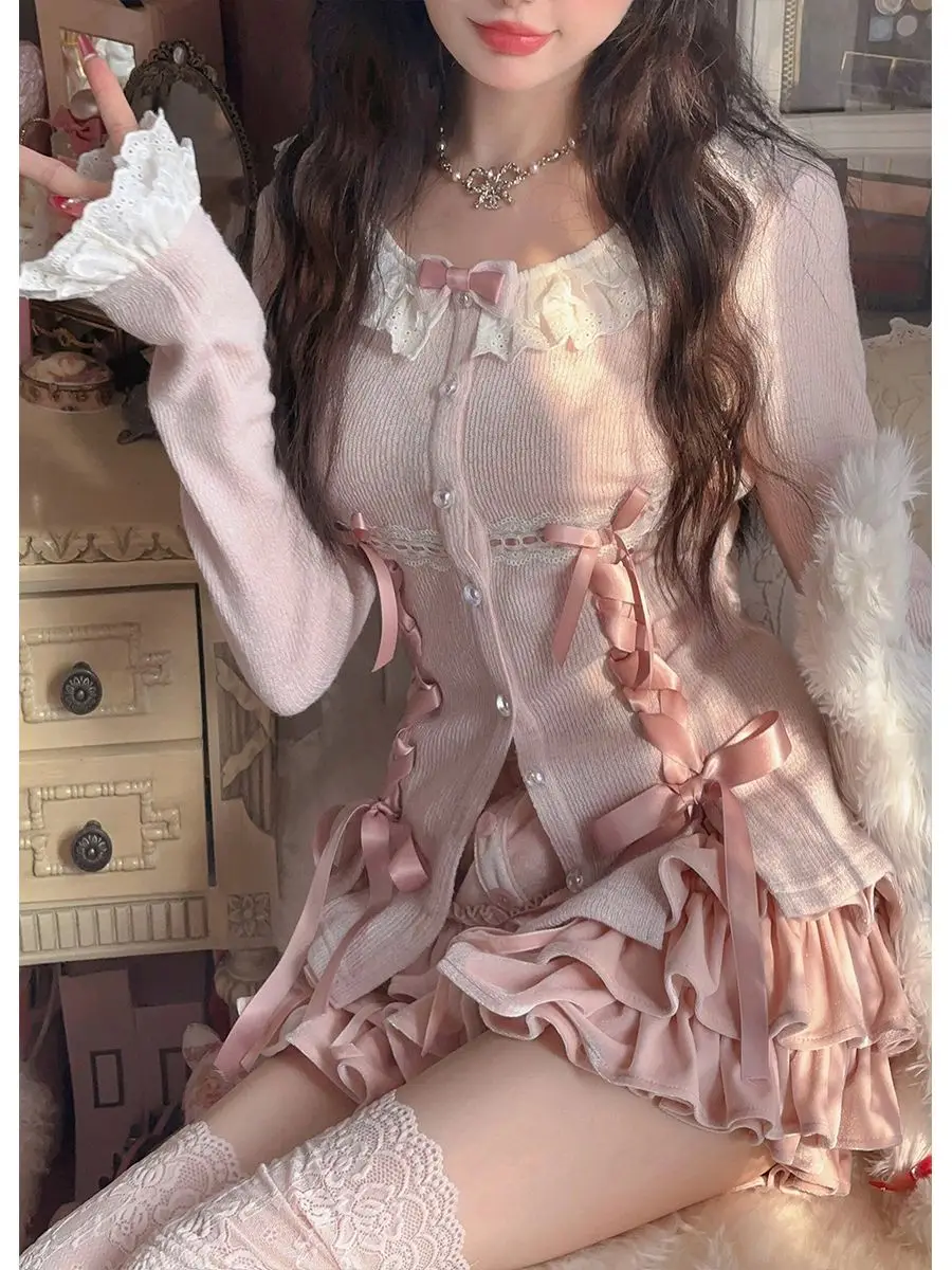 Korea Two Piece Set Short Skirt Spring And Summer Women'S Clothes Knitted Long Sleeved Slim-Fit Bow Lace Up Knitted Cardigan