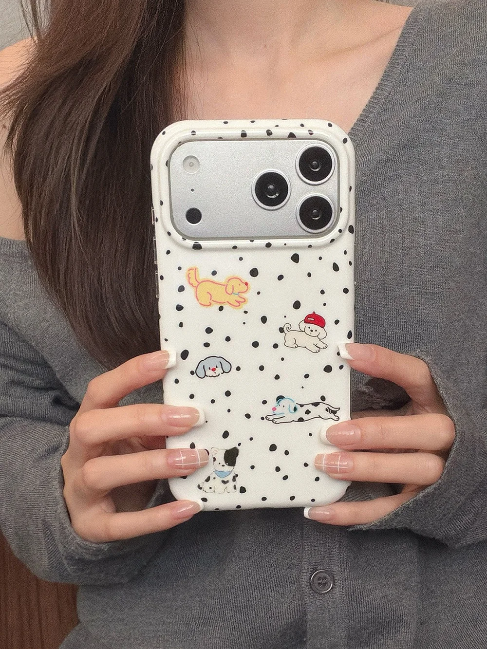 Charming Polka Dot Cartoon Puppy Phone Case with Dog Doll Wrist Lanyard