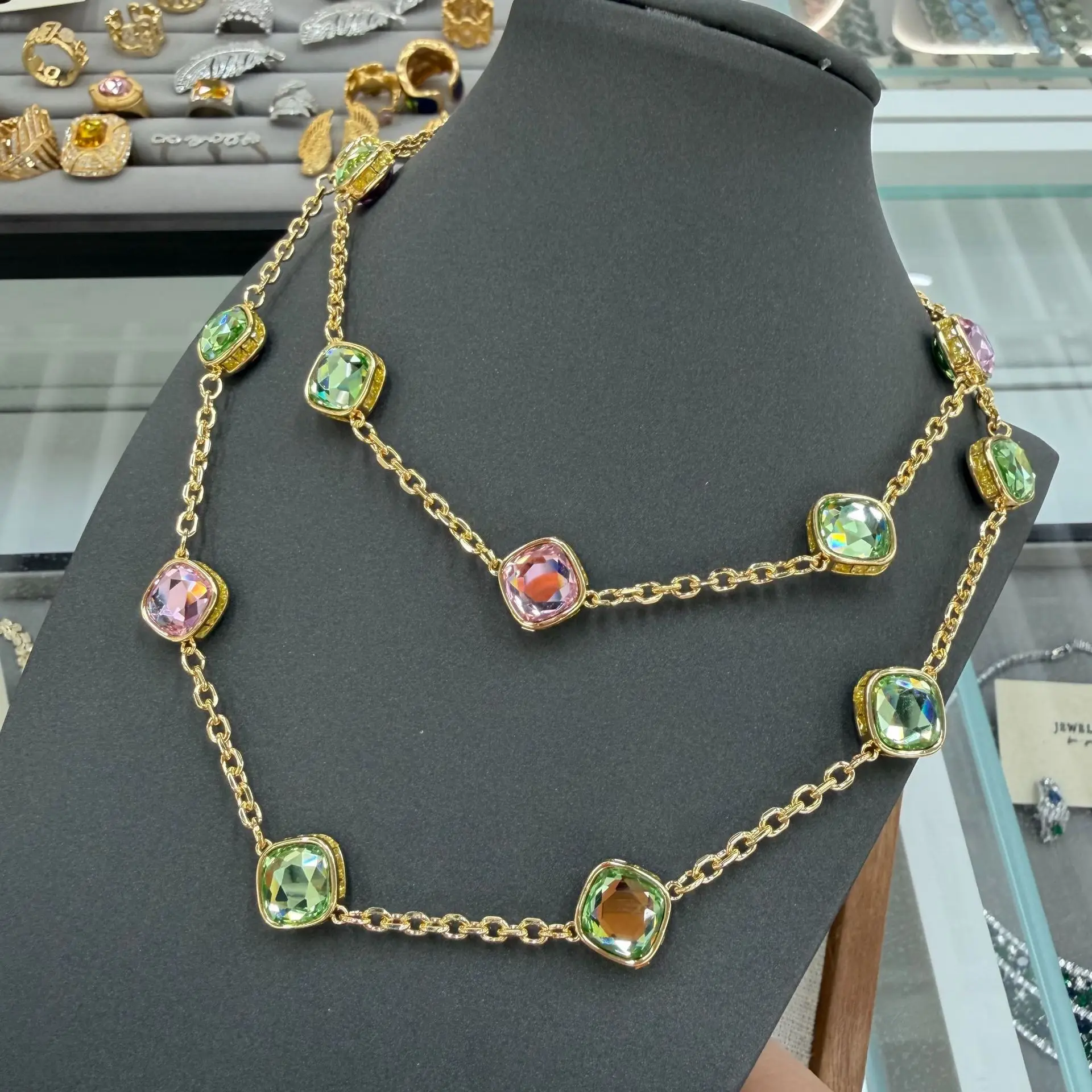 Women's Natural Crystal Powder Green Double-Sided Geometric Square Colorful Zircon Long Necklace, Earrings, and Bracelet Set 3
