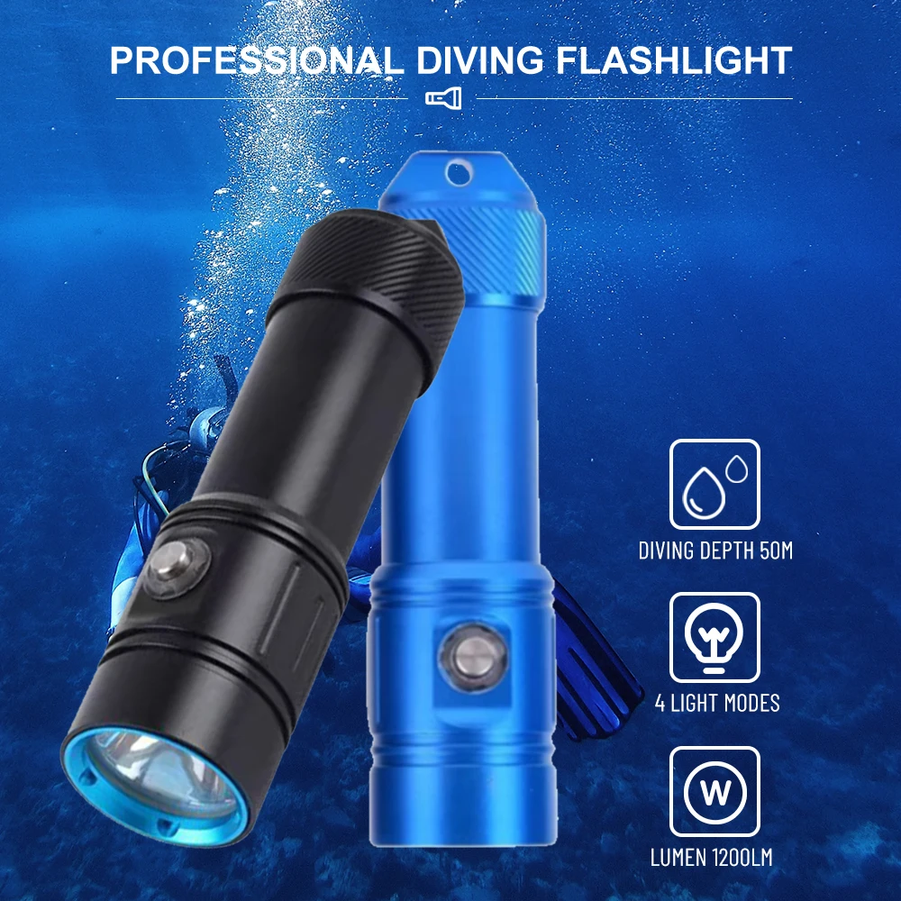 Asafee 수중 다이빙 손전등, SOS 라이트 배터리 디스플레이 토치, IPX8 방수 랜턴, L2 LED, 1200LM, 50M