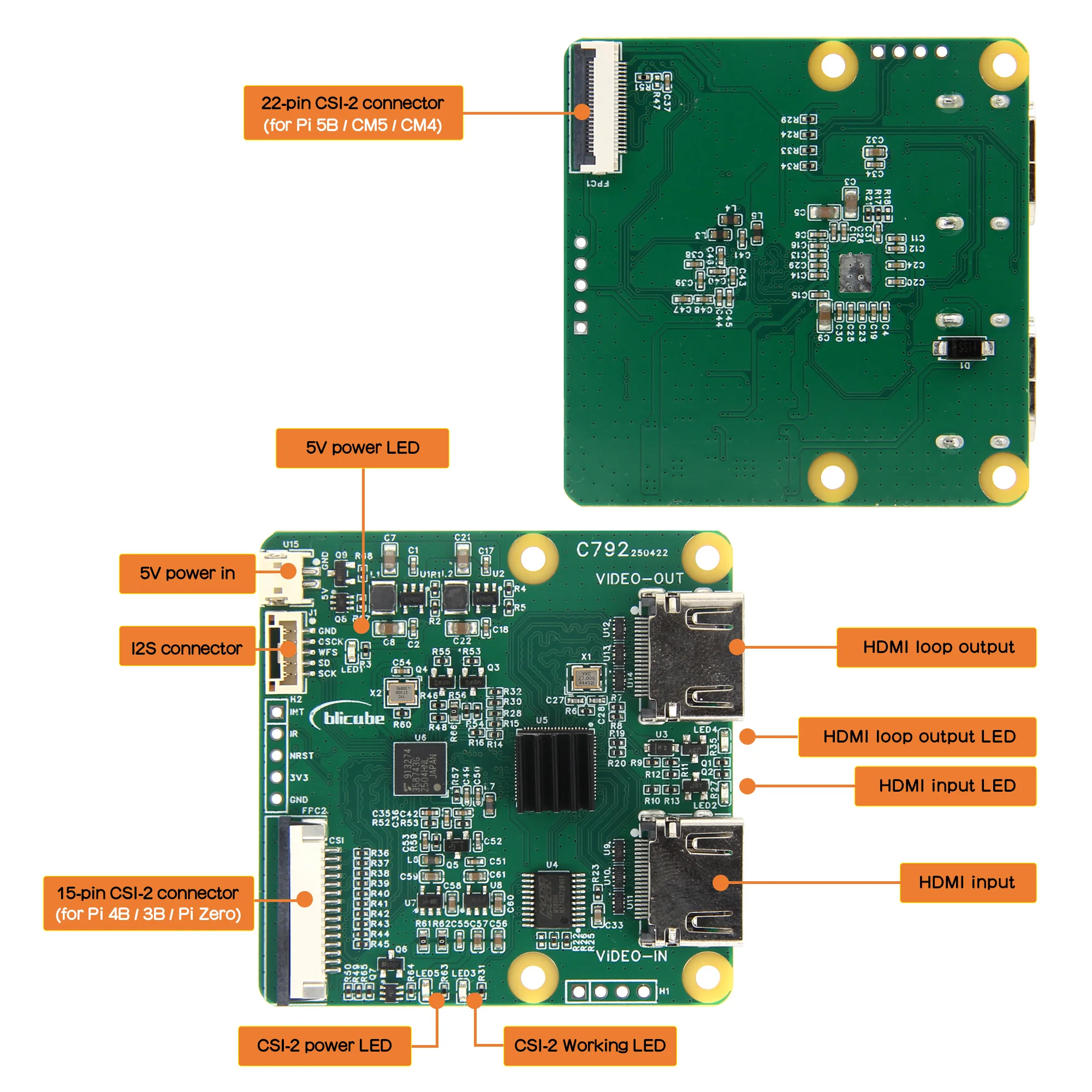 HDMI ���� �ƿ��� �ִ� Geekworm C792 HDMI-CSI-2 ��ȯ�� ����� Raspberry Pi 5B/4B//3B/Zero/CM5/CM�� I2S ����� ����� �����մϴ�.