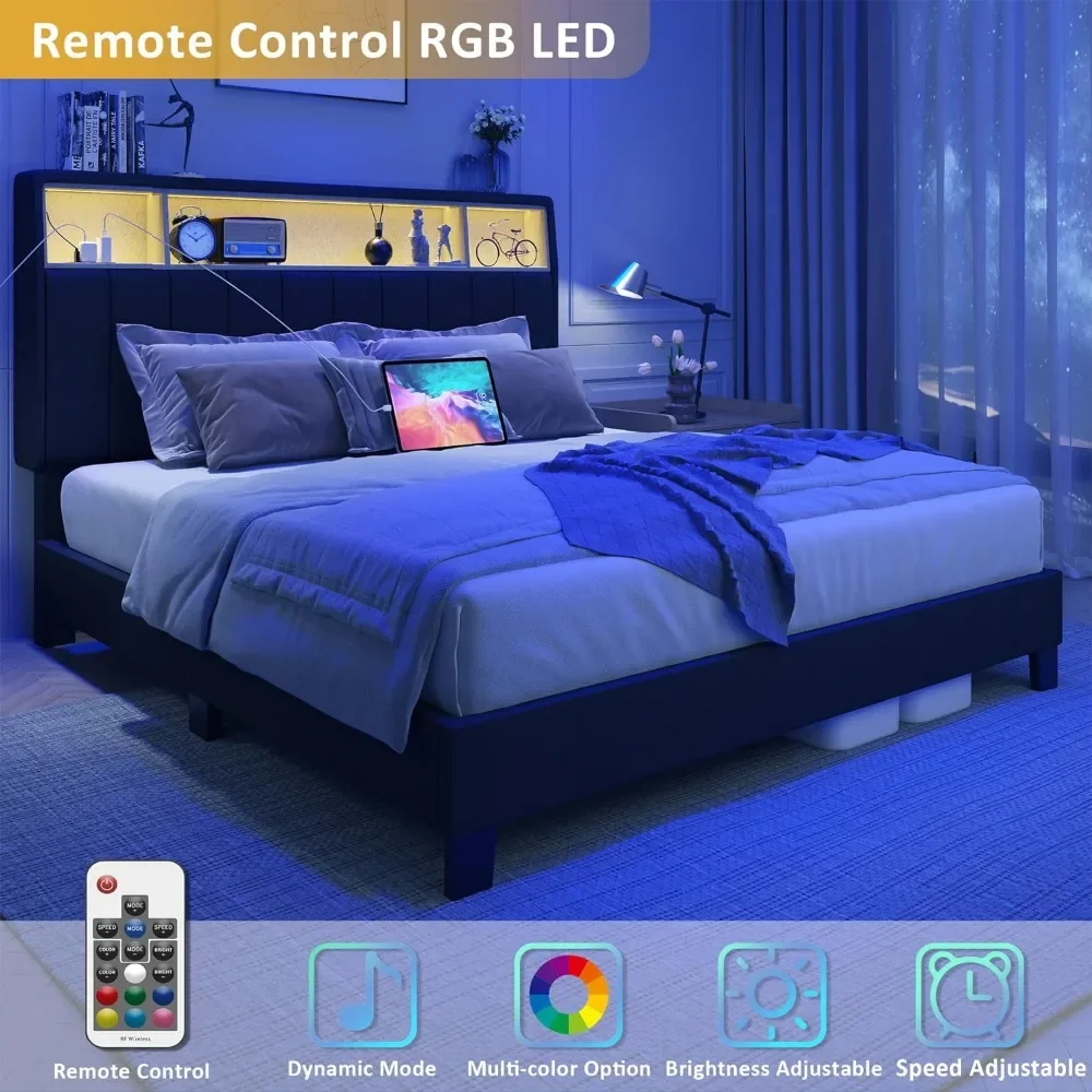 Queen Bed Frame With Storage Headboard Upholstered With Built in Charging Station & LED Dark Grey Platform Bed Frame bed frame