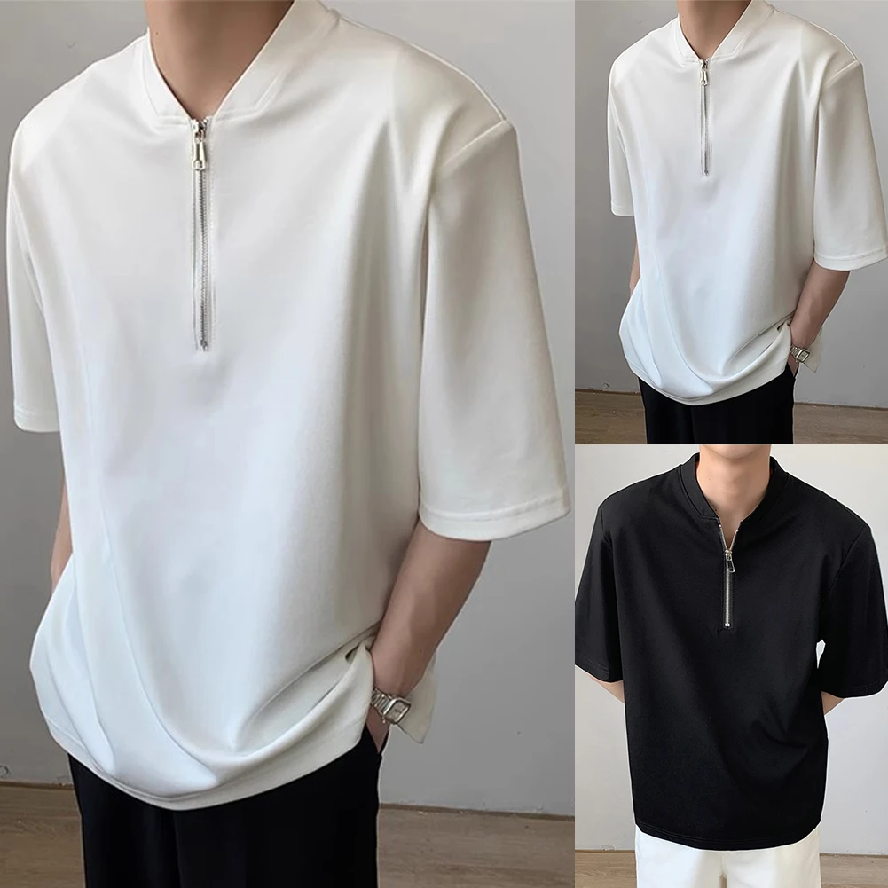 Description Picture 2 of itemHot New Business Casual Mens T Shirt Blouse Casual Half Open Neck Muscle Office Shirt Short Sleeve Solid Color