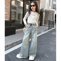 Nouveaux jeans pour filles adolescentes de 4 à 14 ans, printemps-automne, imprimé intégral, broderie nœud, pantalon en denim à jambes larges, mode pour enfants 3