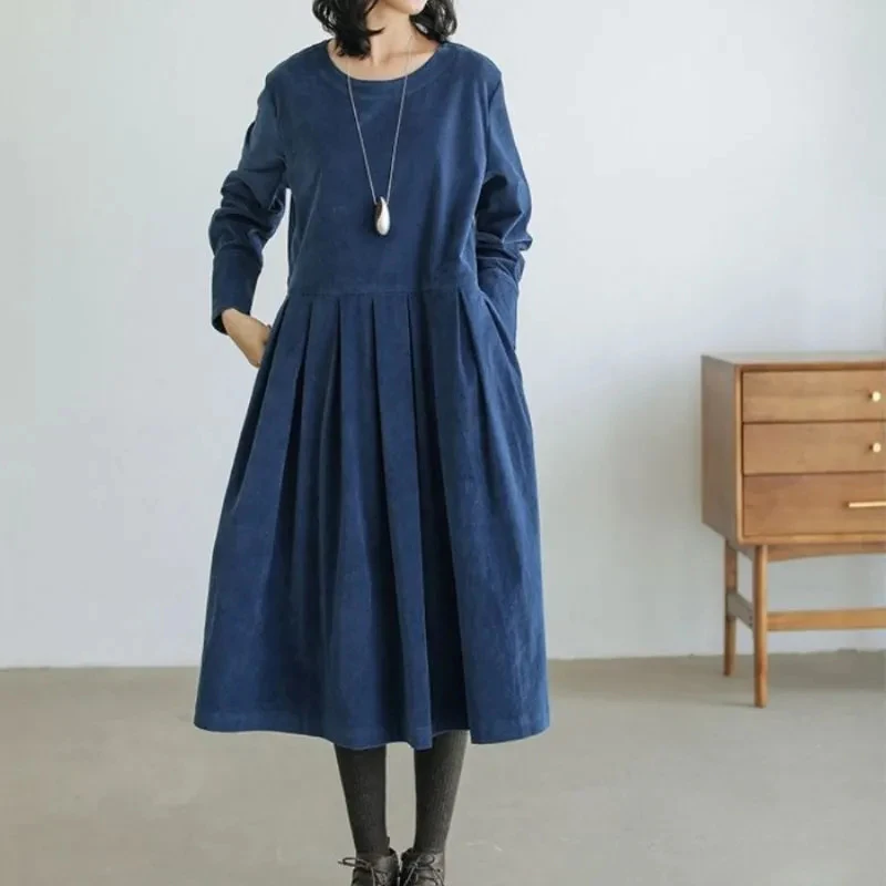 

Вельветовое осенне-зимнее платье, элегантное женское платье, длинная юбка, свободная верхняя одежда с круглым вырезом и длинным рукавом, винтажное платье