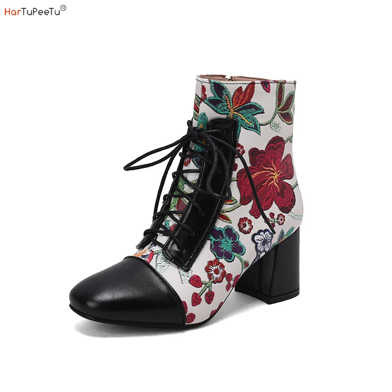 

Print Girls Ankle Boots Autumn Winter Lolita Heeled Shoes Women Leather Splicing Short Boots