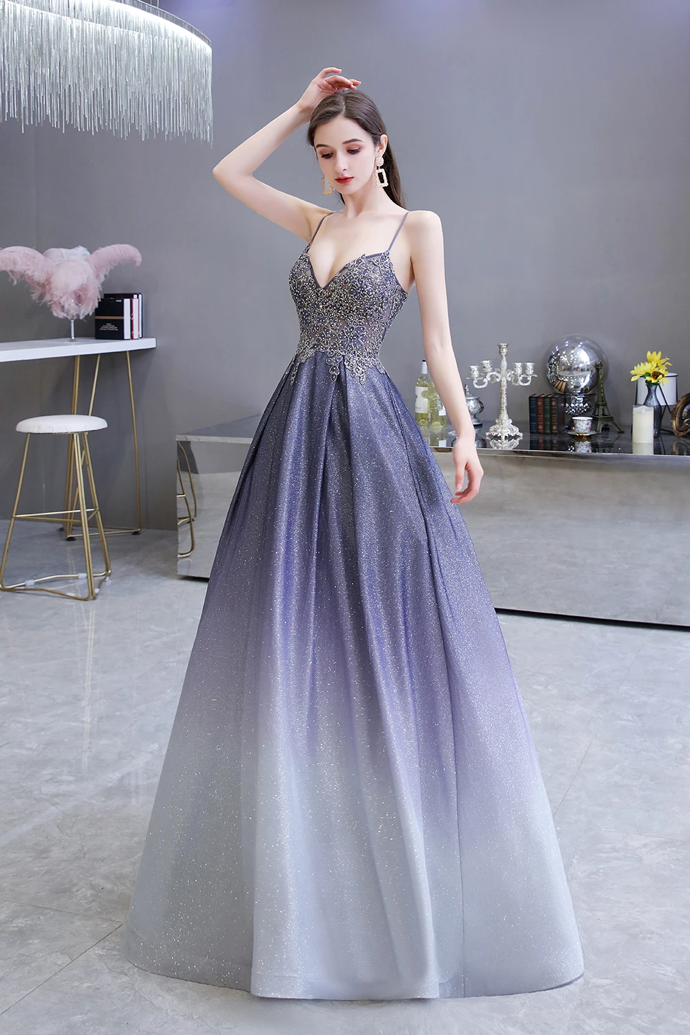 

Luxury Gradient Evening Dresses For Women 2024 Sheer Lace Crystals Elegant Maxi A Line Prom Gowns Formal Party Robe De Soiree