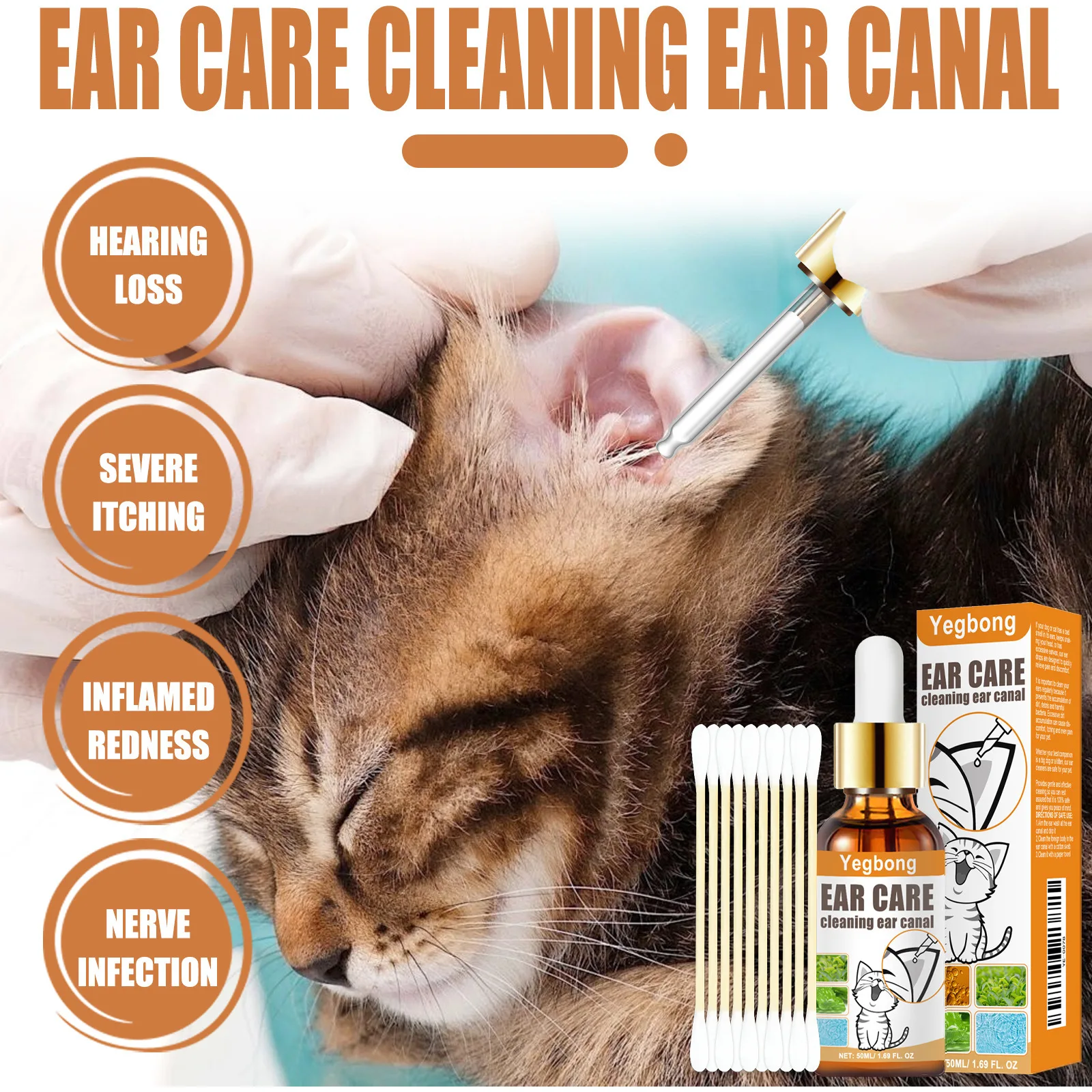 Pet Ear Cleaner with Cotton Swab, Cat and Dog Ear Mite Removal, Itching Relief, Cleaning Drops, Canal Deodorization