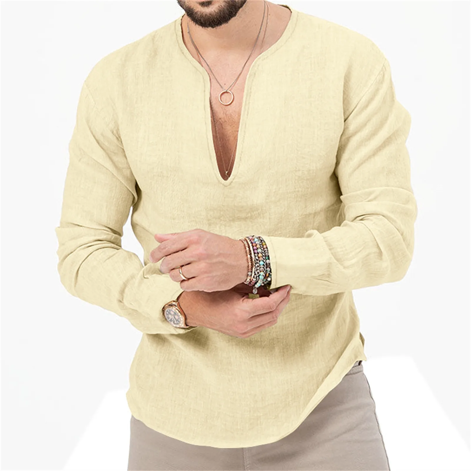 

Men'S Shirts Spring Summer Fashion Vintage Casual Sleeved Solid V And Long Color Neck Male Shirt Top T Daily Casual Clothes Wear
