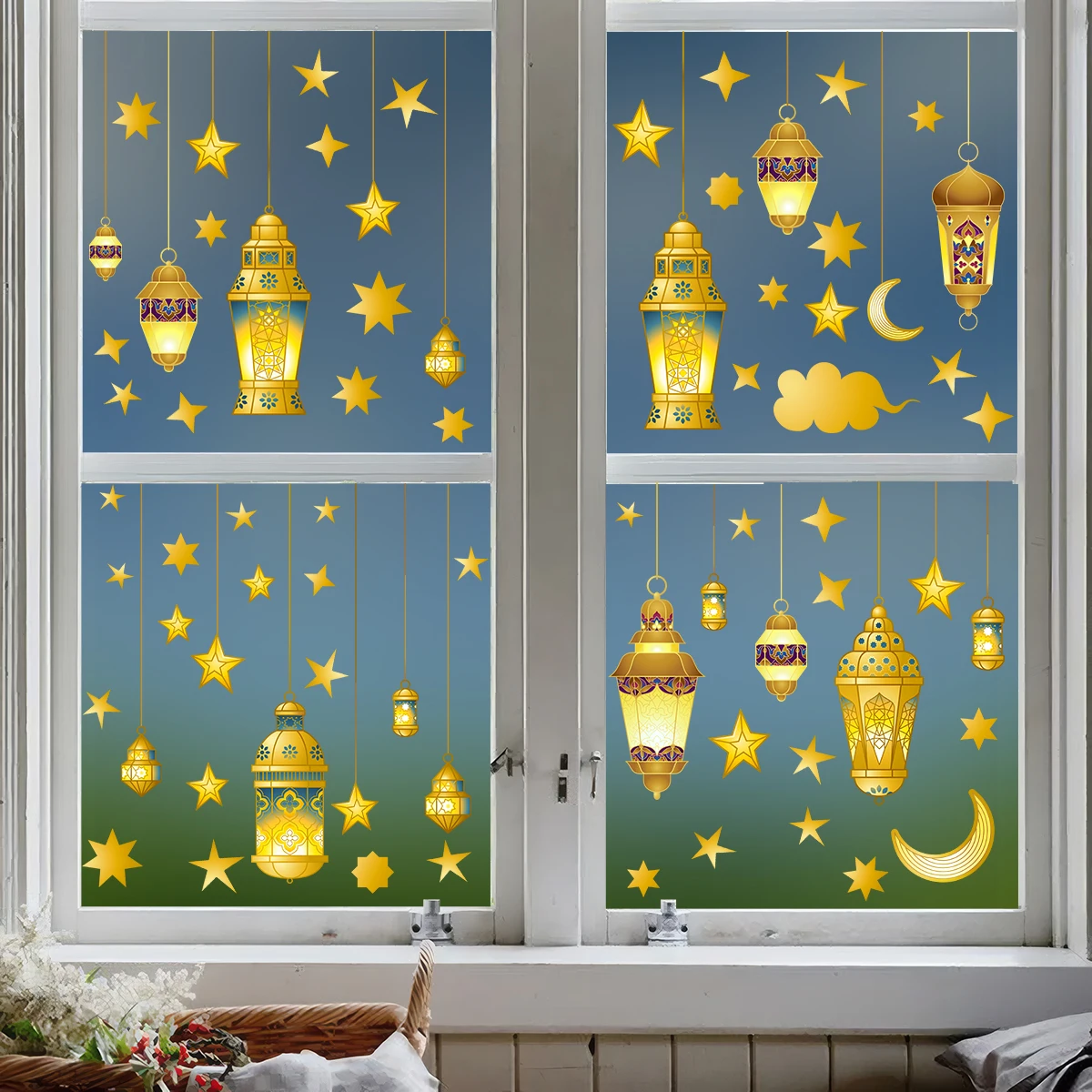 5 Stück/Set Stern-Mond-Lampe, doppelseitig bedruckte, kleberfreie Wandaufkleber, elektrostatische Glasfolie für Schaufensterdekorationen – Detail 5