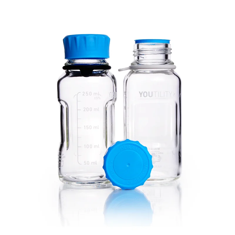 DURAN&reg; YOUTILITY&reg; GL 45 Laboratory Bottle (clear), with screw cap and pouring ring (PP, cyan), with DIN 168-1 thread, graduated