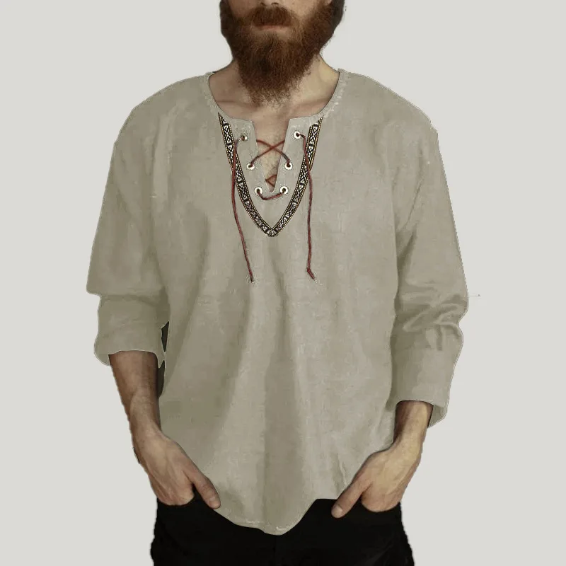 

2023 Spring and Autumn New Men's Loose Solid Color Drawstring Long Sleeve Shirt Cotton Linen Standing Collar Men's Shirt