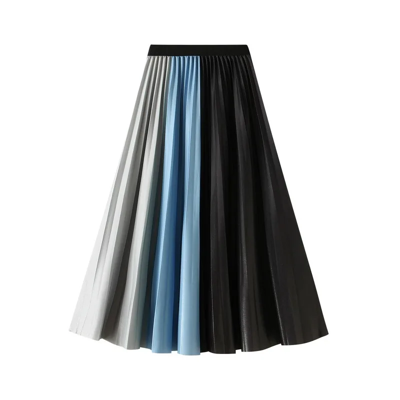 

Contrast Color Big Swing Pleated Long Skirts for Women High Waist A Line Skirt Korean Style Faldas Largas Para Mujer Moda 2023