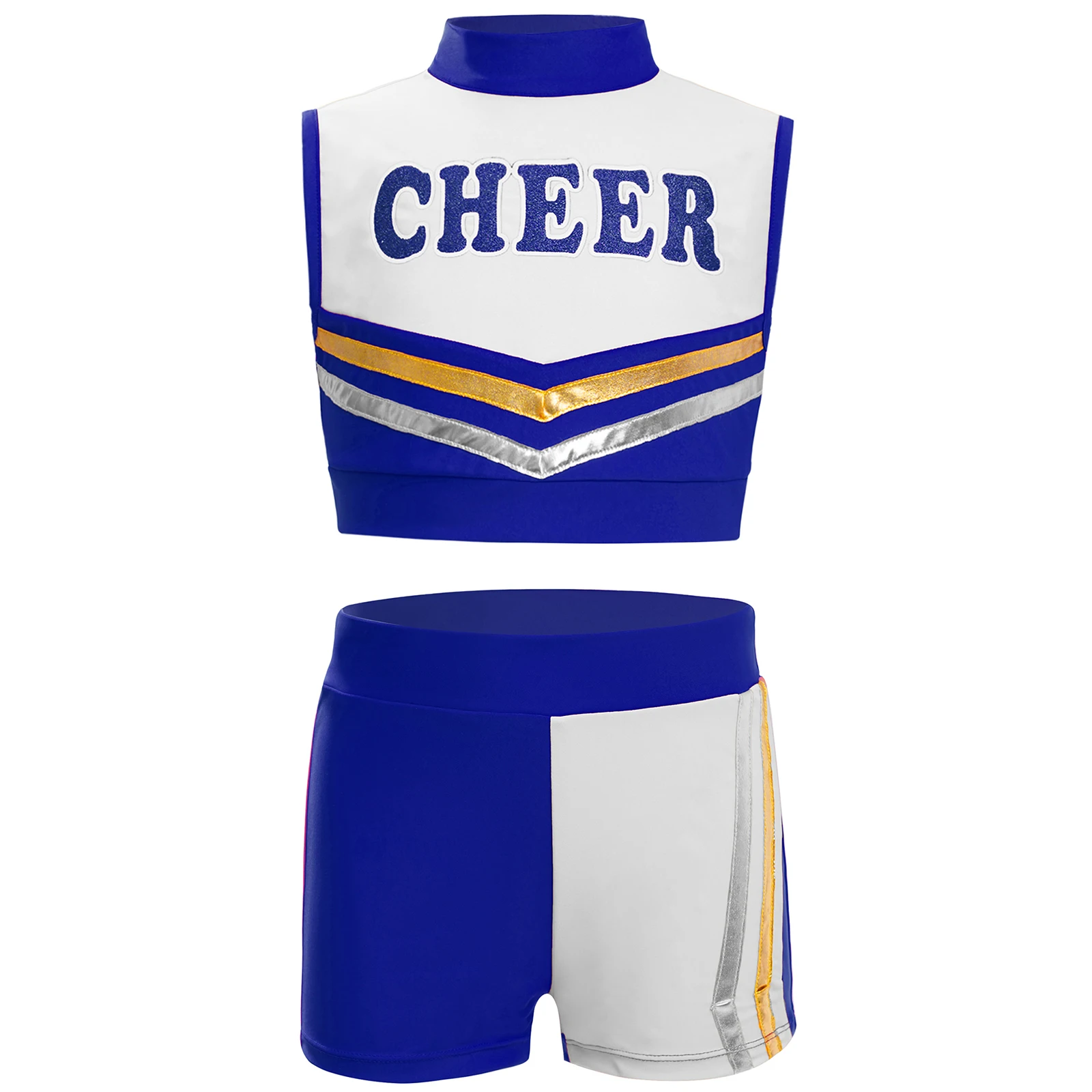 Kinder Mädchen Cheerleader Cheerleading Tanz Performance Kostüm Buchstaben bedrucktes Crop Top mit metallisch gestreiften Rock und Shorts – Detail 19