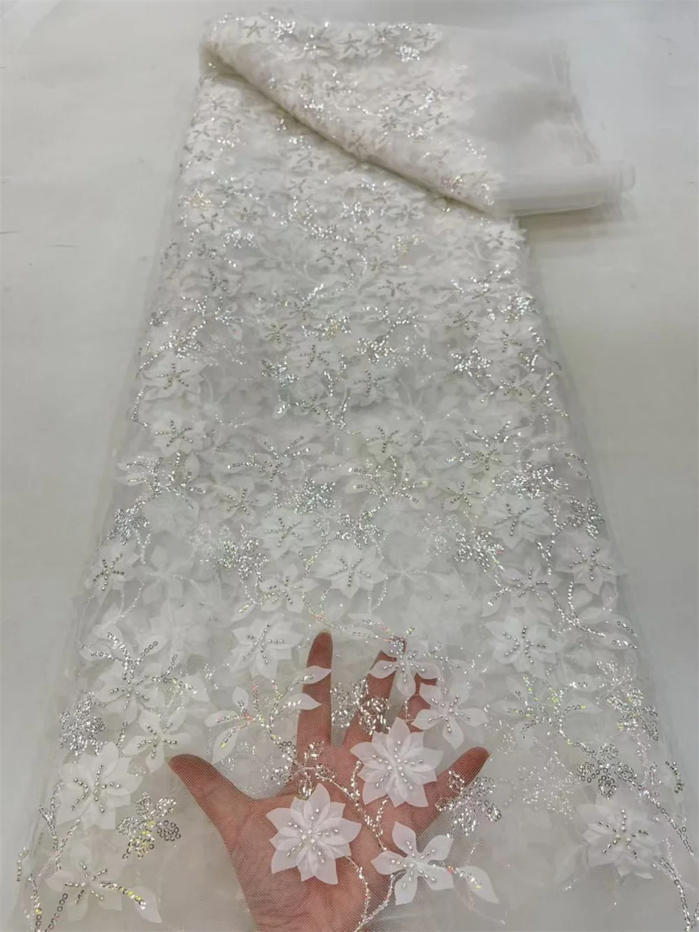 Elegant White French Tulle Lace Fabric, Mesh Chiffon Lace , African Fabric, Embroidery Nigeria For Wedding Dress,5Ya A100-2