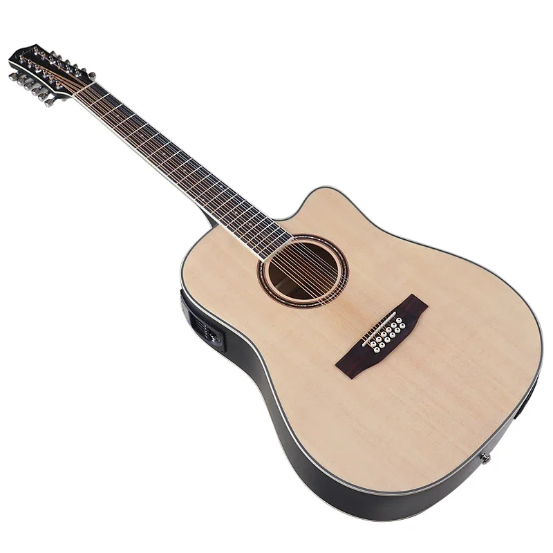 12 Strings 41 Inch Cutaway Electric Acoustic Folk Guitar Spruce Wood Top with Tuner Pickup
