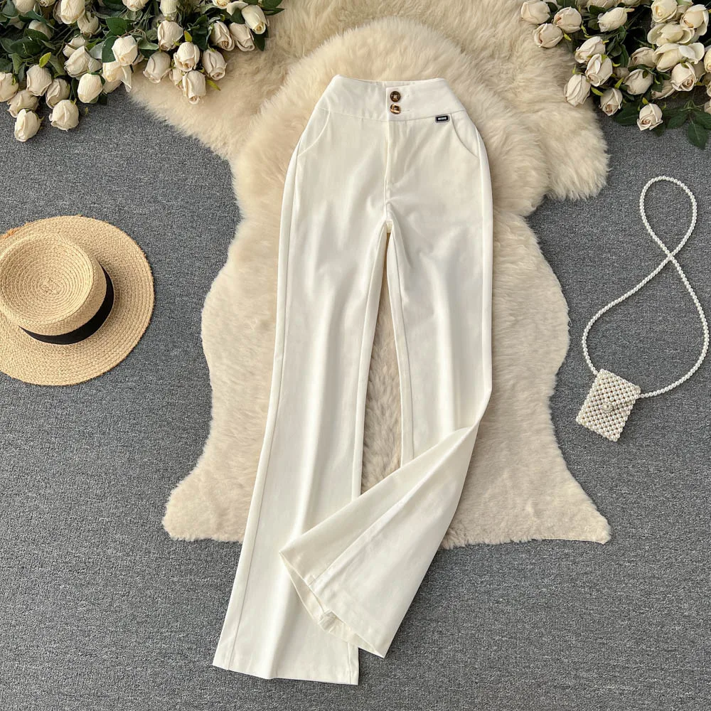 

Spring and Summer New High-waisted Lean Design Sense Two Buckle Casual Micro-flared Pants