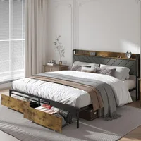 King Size Bed Frame with Drawers, Metal Platform Bed with Uphosltered Headboard and Charging Station, No Box Spring Needed 1