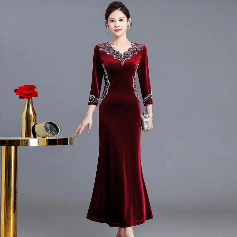 Wine-Red-Diamond-Embellished-Mother-Wedding-Clothes-Dress-Lady-2024 ...