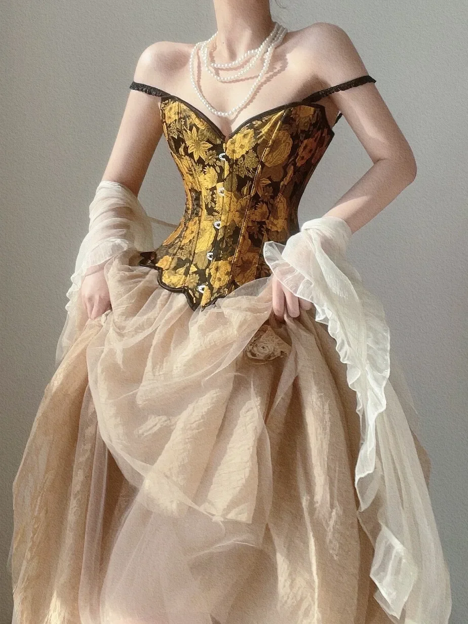 Description Picture 3 of itemWomen Sunflower Oil Paiting Floral Embroidery Corset Vintage Shapewear Bustiers Overbust Bust Shaping Tank Tops Tight Top