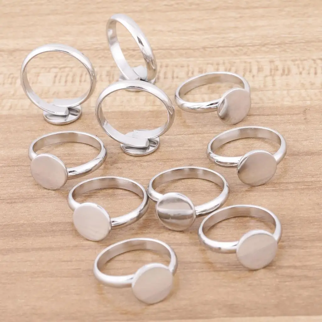 10pcs 스테인레스 스틸 조정 가능한 10mm 원형 패드 링 기본 공백 Diy Fingerring 베젤 설정 보석 만들기 용품