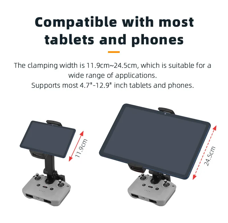 compatible with most tablets and phones . clamping width is 11.9cm24.