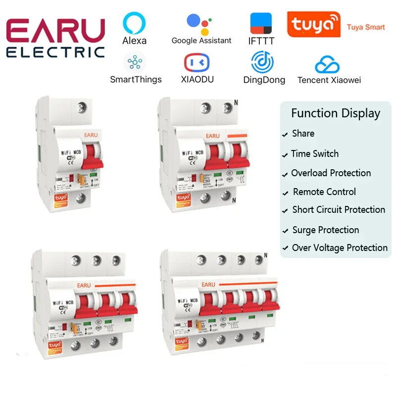 

1P 2P 3P 4P 10A-125A Wireless Smart WIFI Circuit Breaker Timer Tuya APP Vioce Remote Control Switch Amazon Alexa Google Home