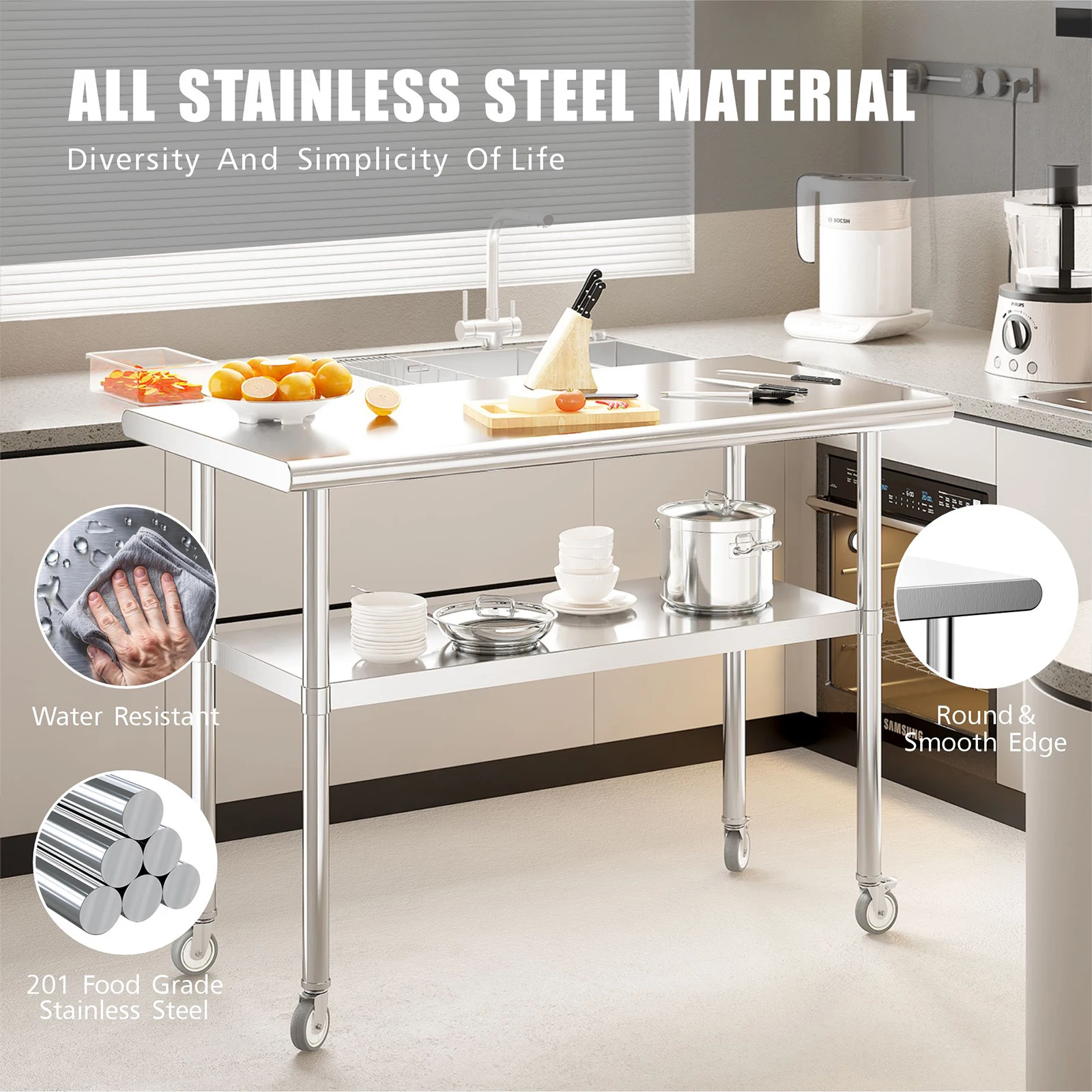REDLIFE Stainless Steel Work Table 2-Stage Adjustable Shelf w/ 4 Wheels Heavy Duty Food Prep Worktable for Restaurant Home Hotel