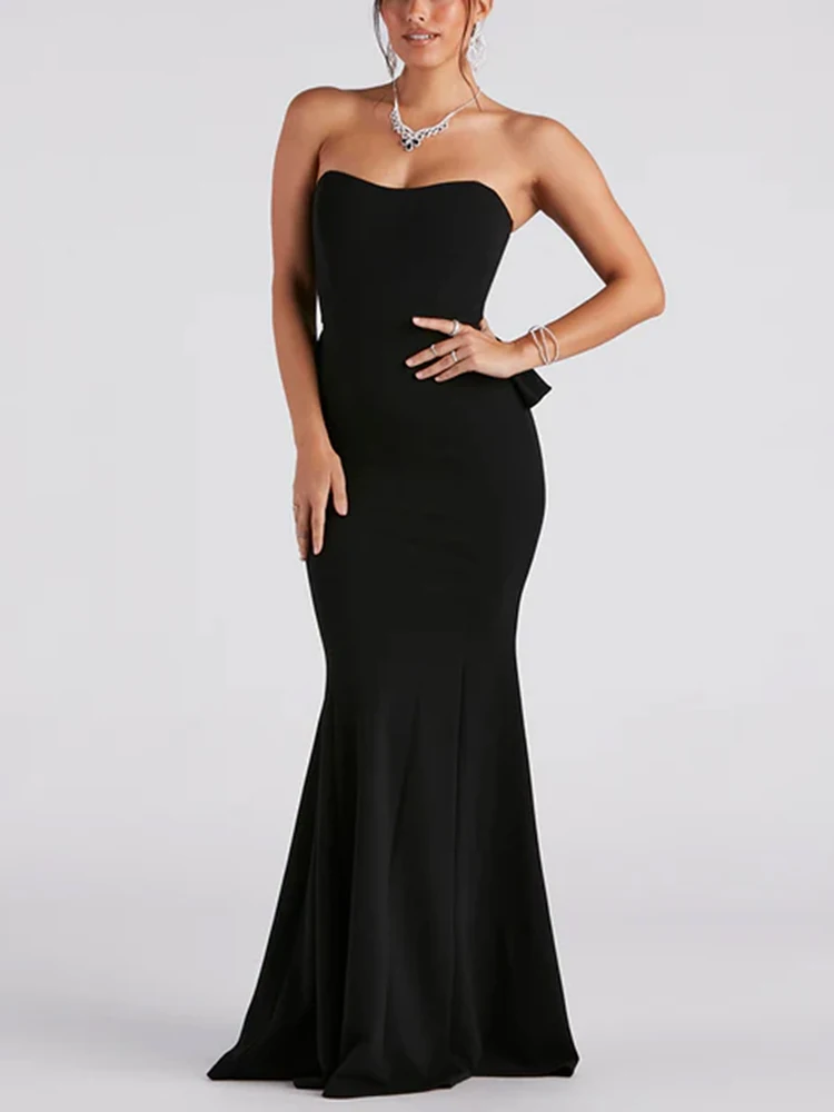 

Elegant Women Red Strapless Padded Evening Dress Open Back Ruffles Mermaid Stretch Floor Length Summer Party Gown 2023