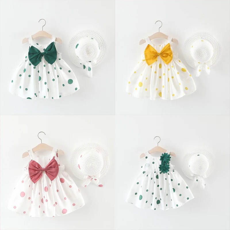 

Lovely Cotton Baby Dress Cute Sleeveless Summer Bow Infant Baby Girl Clothes Newborn Clothing Toddler Dresse + Baby Sunhat Set
