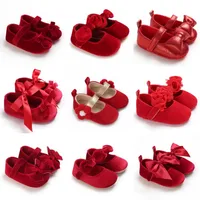 Spring and Autumn Red Velvet Princess Shoes Baby One Year Gift Shoes 0-12 Month Girl Soft Sole Lightweight Walking Shoes 1