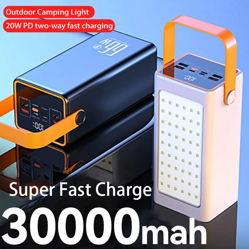 

30000mAh Power Bank High Capacity 66W Fast Charger Powerbank for iPhone Laptop Batterie Externe LED Camping Light Flashlight