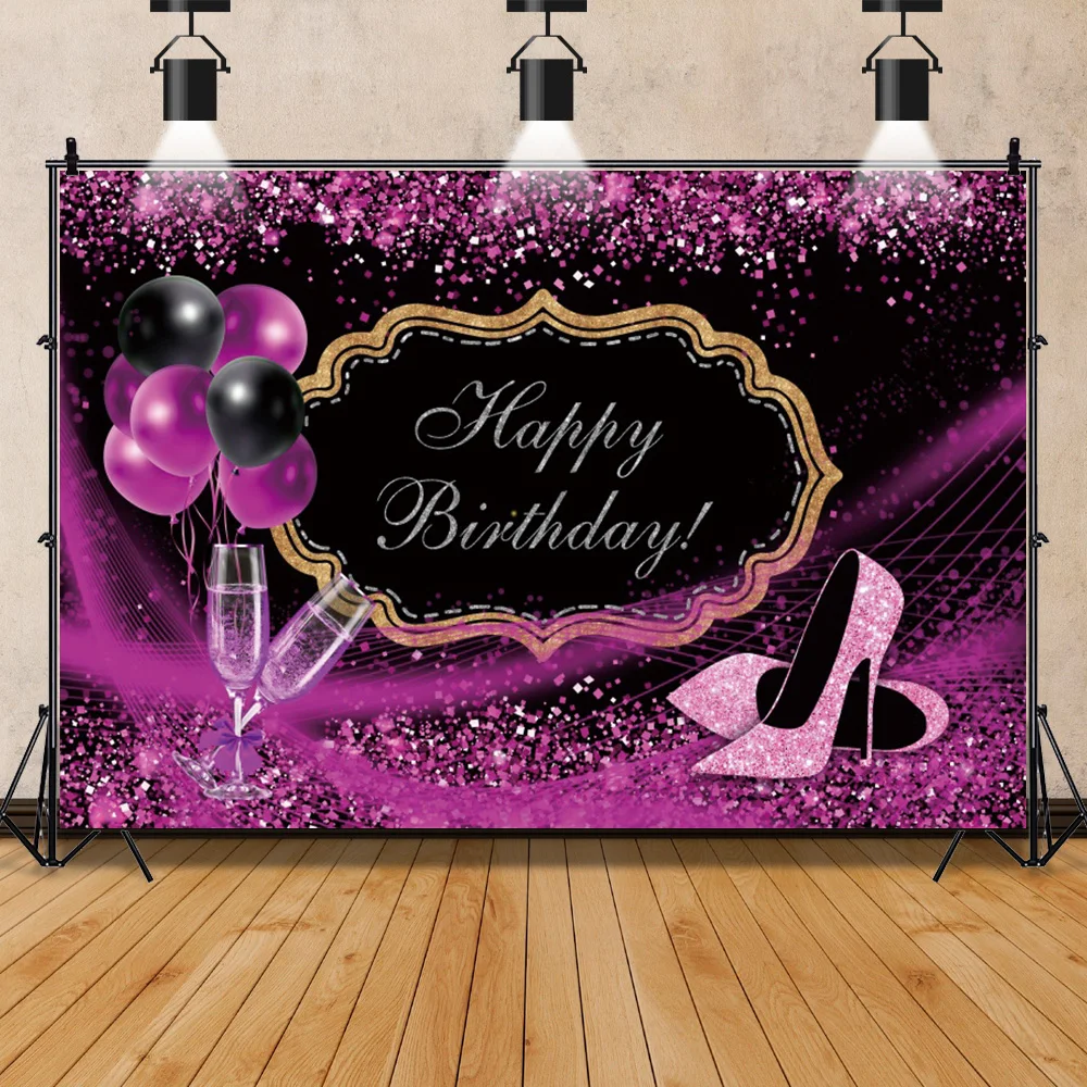 Photo Backdrop Happy Women's Birthday Party High Heels Gold Balloons Rose Flowers Decor Photographic Background photo backdrop